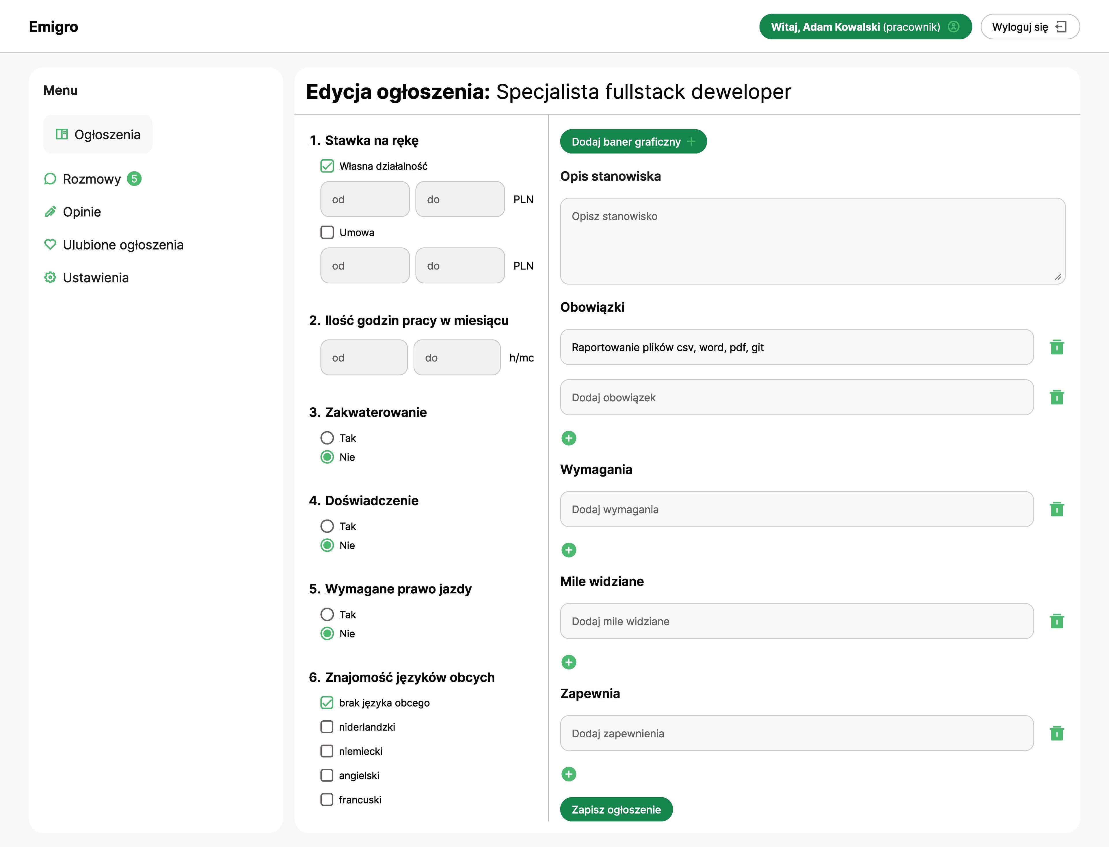 Portal - edycja ogłoszenia w panelu