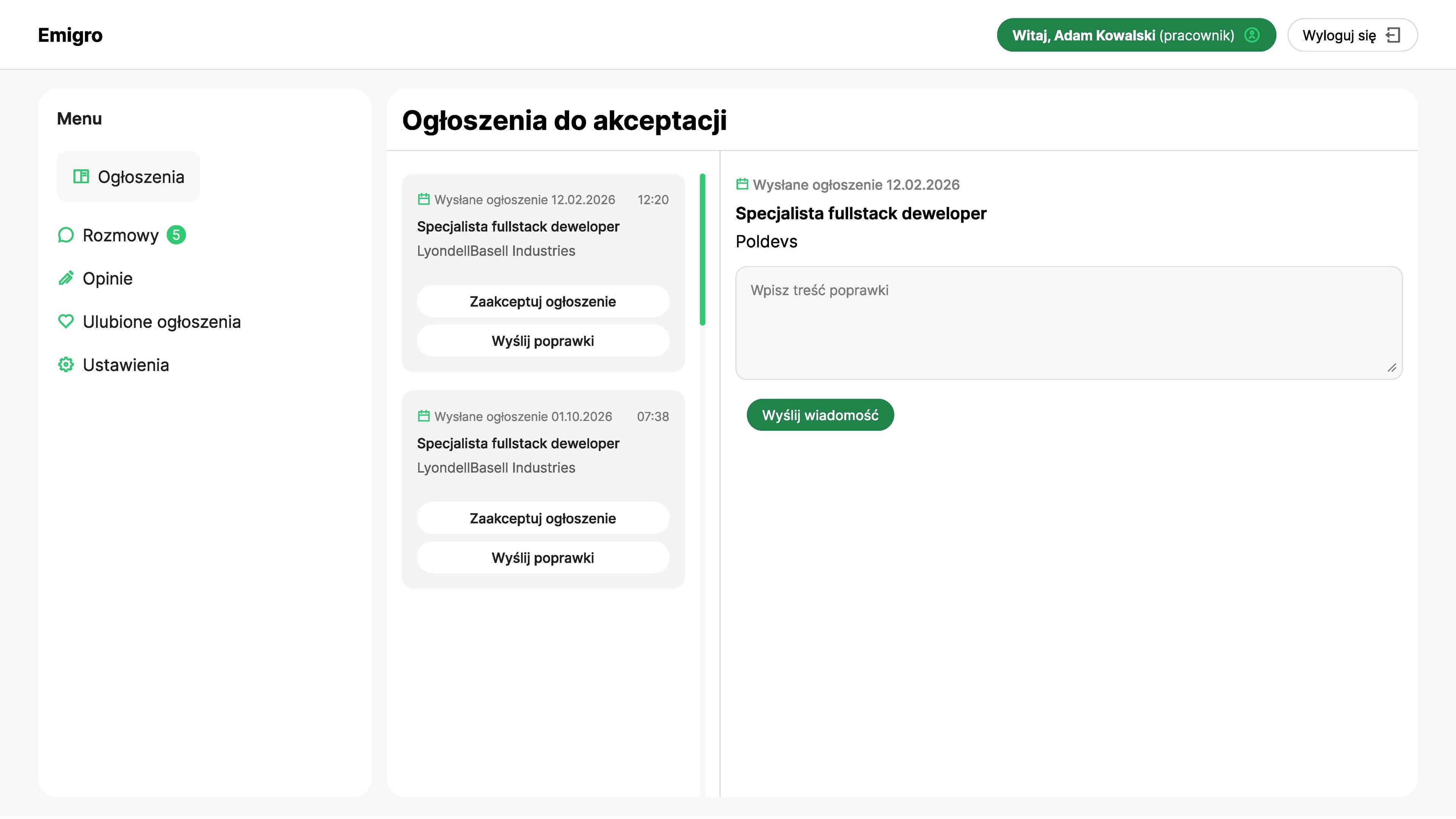 Portal - ogłoszenia do akceptacji