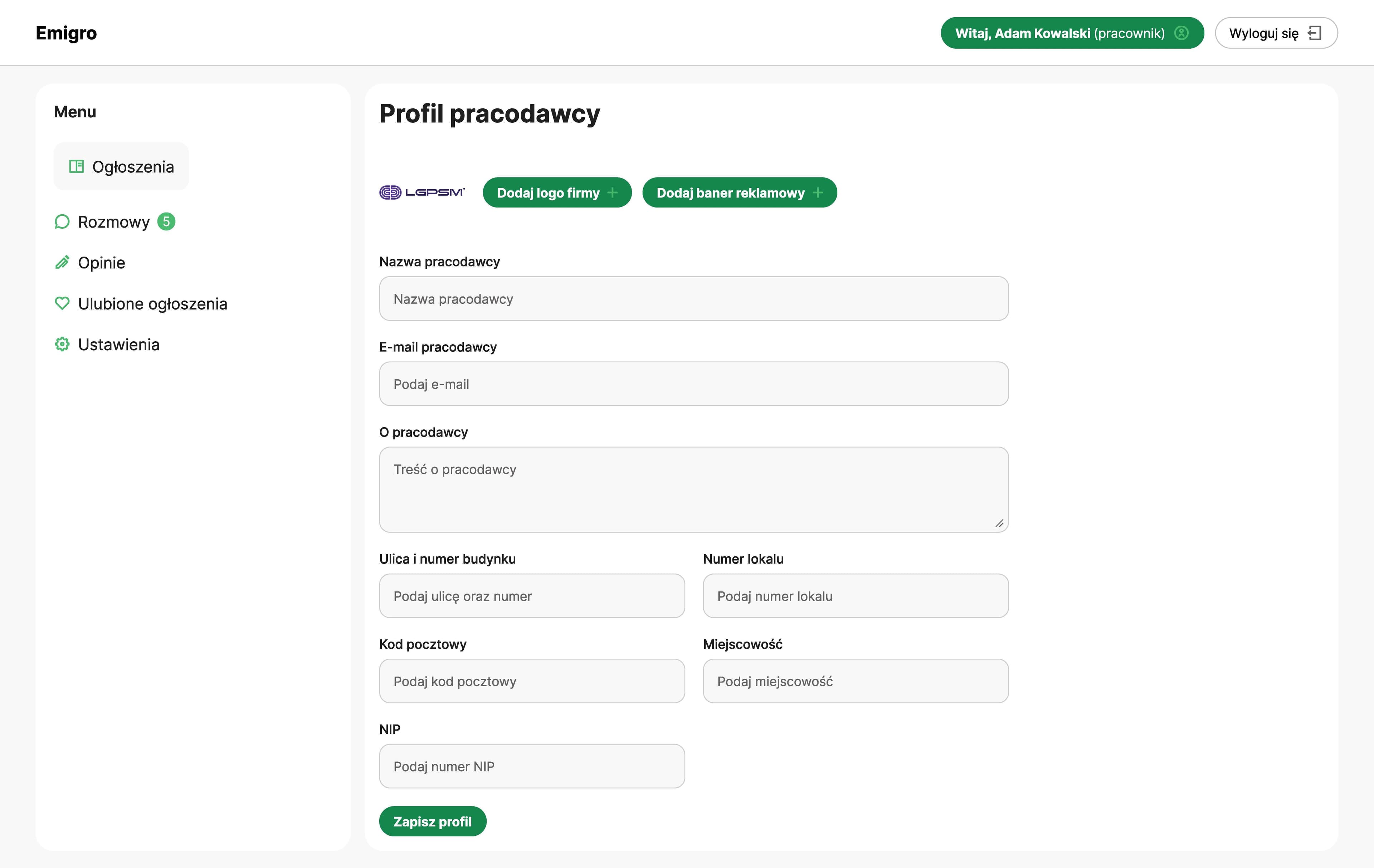 Portal - edycja profilu pracodawcy