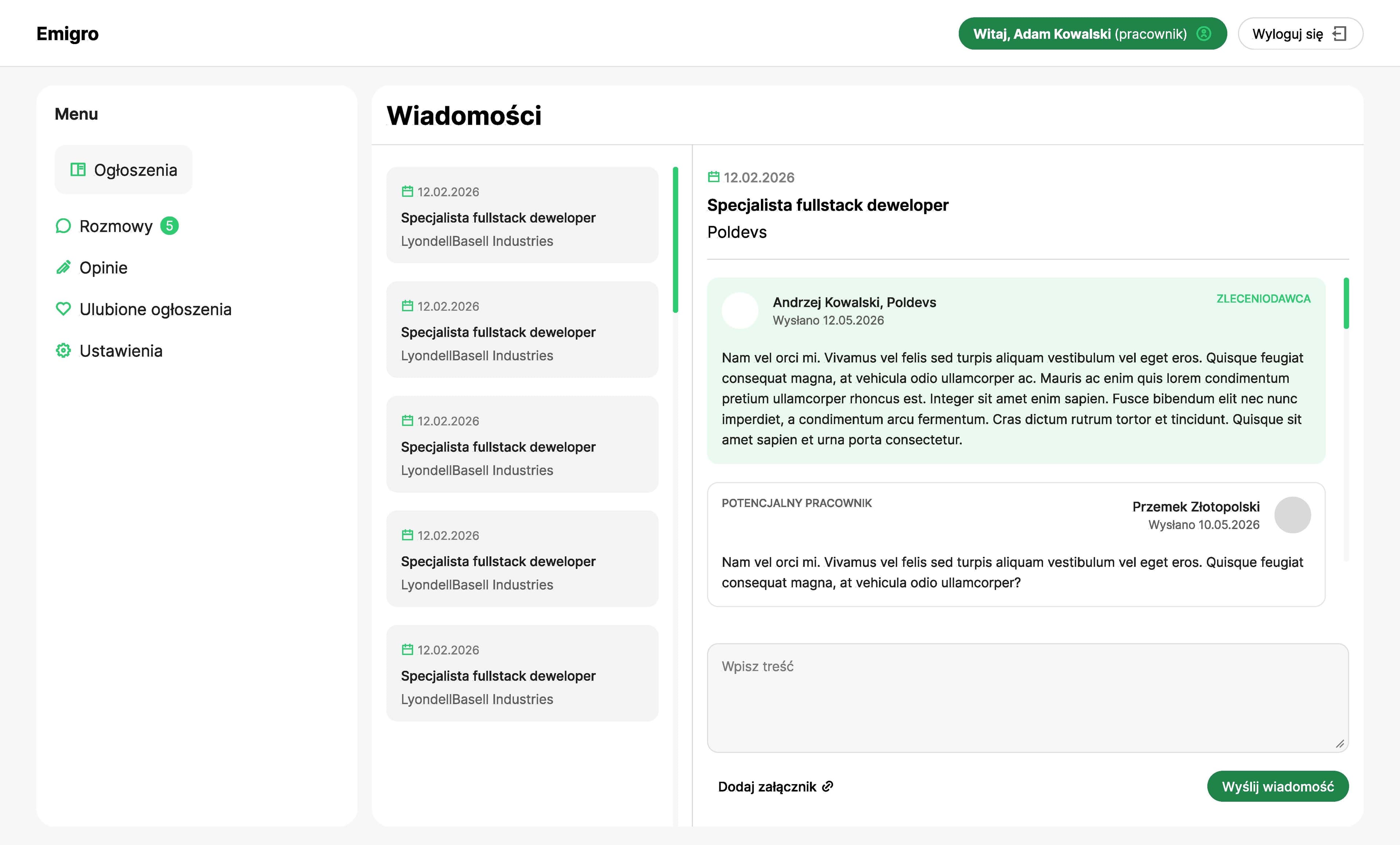 Portal - wiadomości w panelu