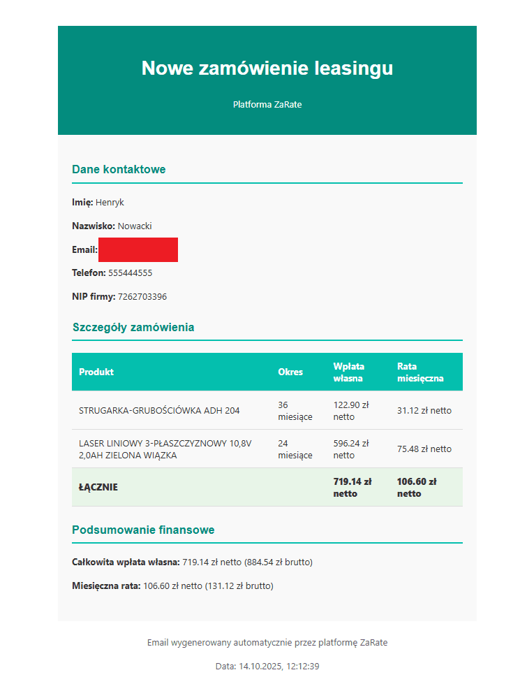 Email z potwierdzeniem zamówienia